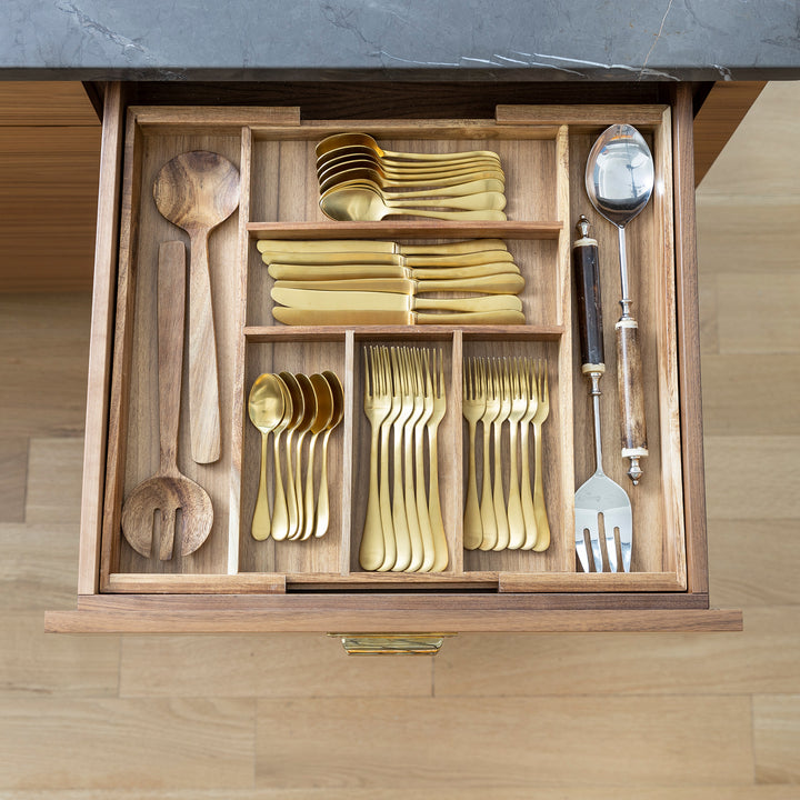 acacia wood drawer insert in kitchen drawer with flatware