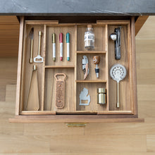 Load image into Gallery viewer, expanded acacia drawer insert in kitchen drawer with bar tools
