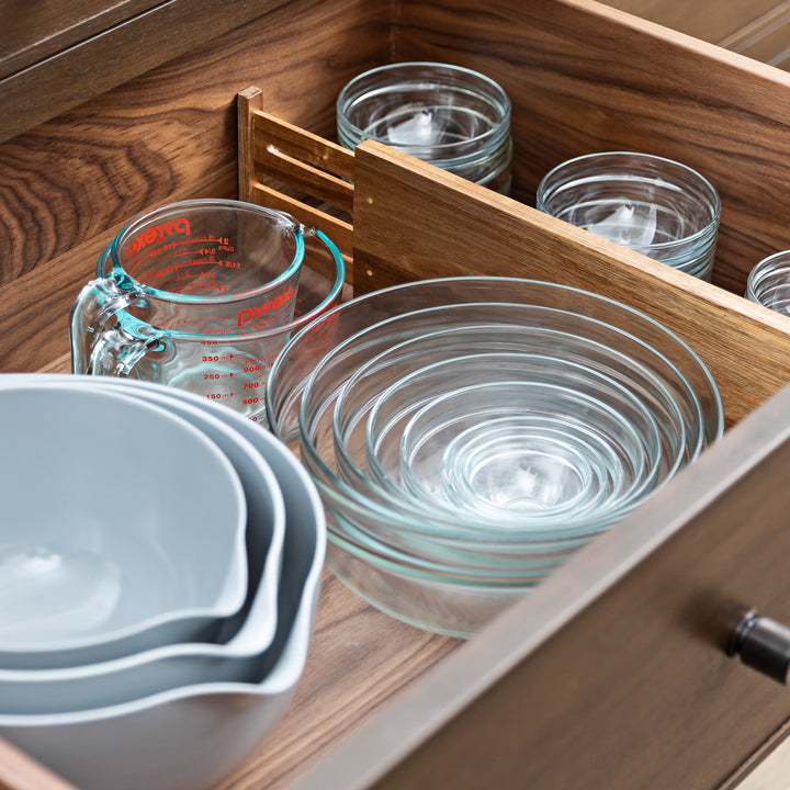 acacia wood divider in kitchen drawer dividing bowls