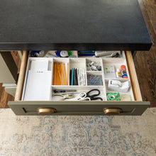 Load image into Gallery viewer, desk drawer containing white drawer organizers holding office supplies
